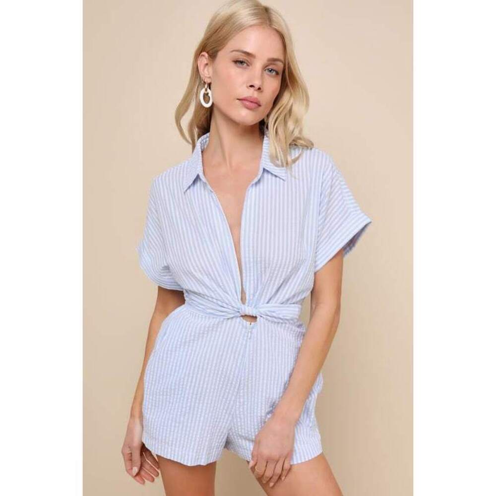 Lulus Bright Disposition White And Blue Striped Seersucker Romper - Size M